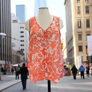 J Jill Sleeveless Button Front Blouse Orange Floral Sheer Lightweight Top Size L